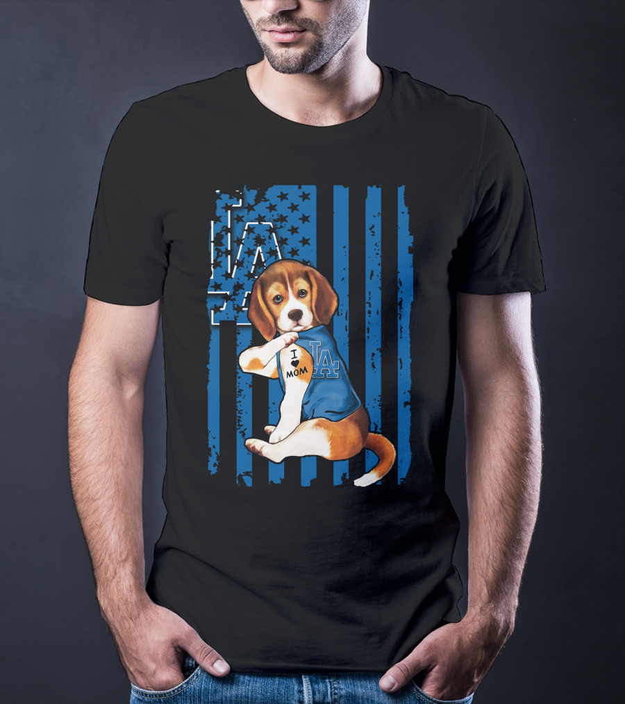 Beagle Wearing Los Angeles Dodgers Shirt With Tattoo I Love Mom T-Shirt