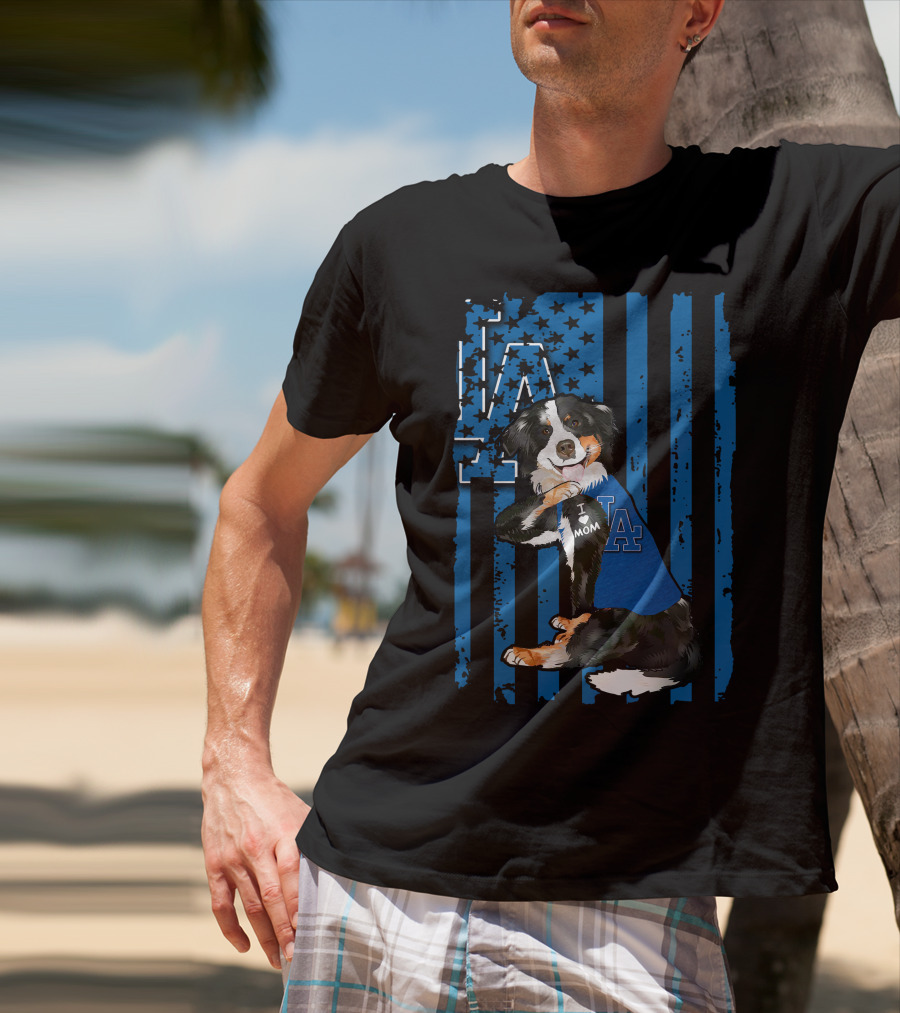 Border Collie I Love Mom Los Angeles Dodgers Blue Flag T-Shirt