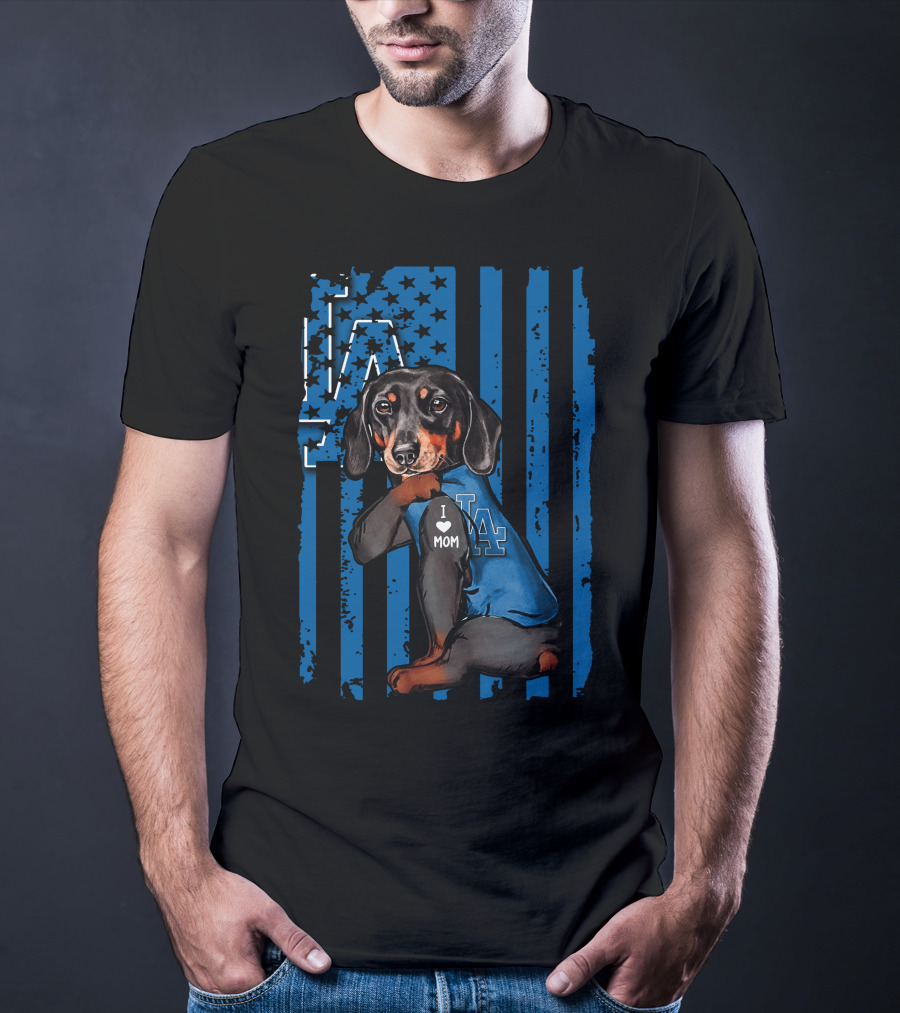 Dachshund I Love Mom LA Dodgers American Flag T-Shirt