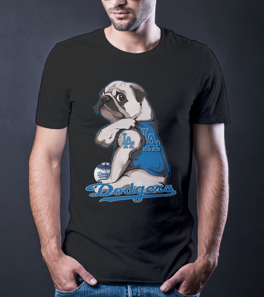 Pug Los Angeles Dodgers Mascot With Baseball And LA Insignia T-Shirt