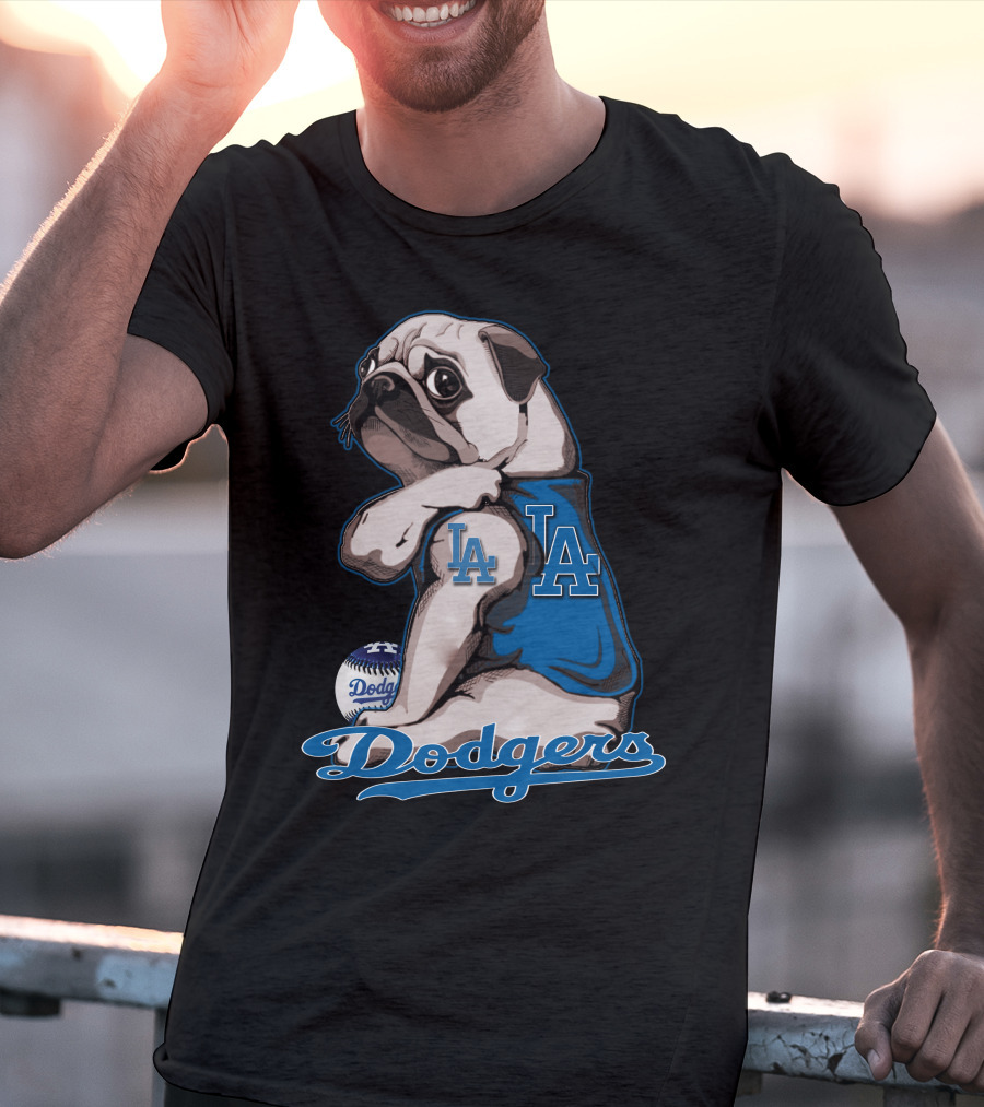 Pug Los Angeles Dodgers Mascot With Baseball And LA Insignia T-Shirt