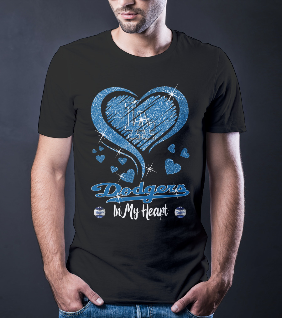 In My Heart Dodgers LA Sparkle Blue Hearts T-Shirt