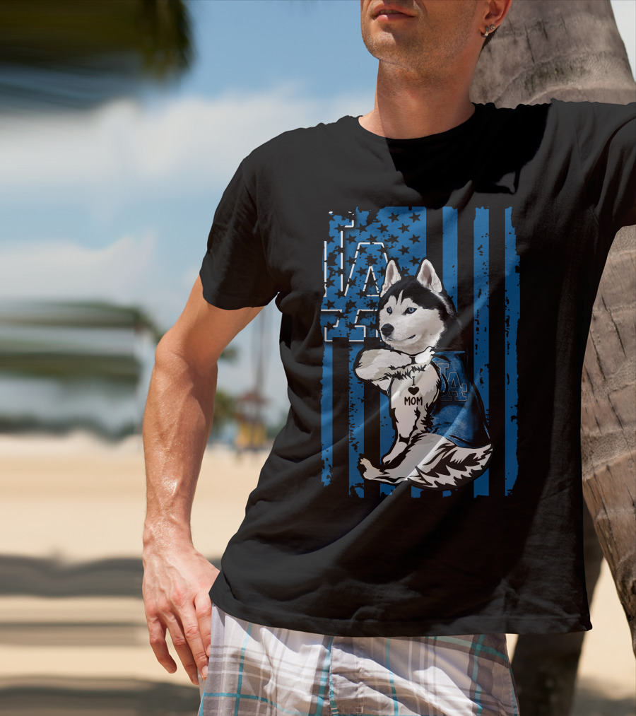 Siberian Husky LA Dodgers Blue American Flag Mom Tattoo T-Shirt