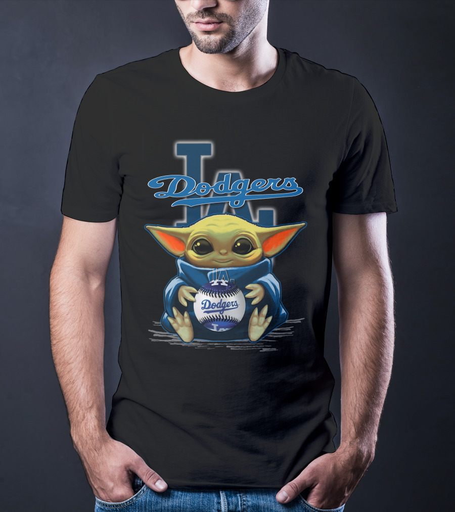 Yoda Holding Dodgers Baseball With Los Angeles Dodgers Logo Background T-Shirt