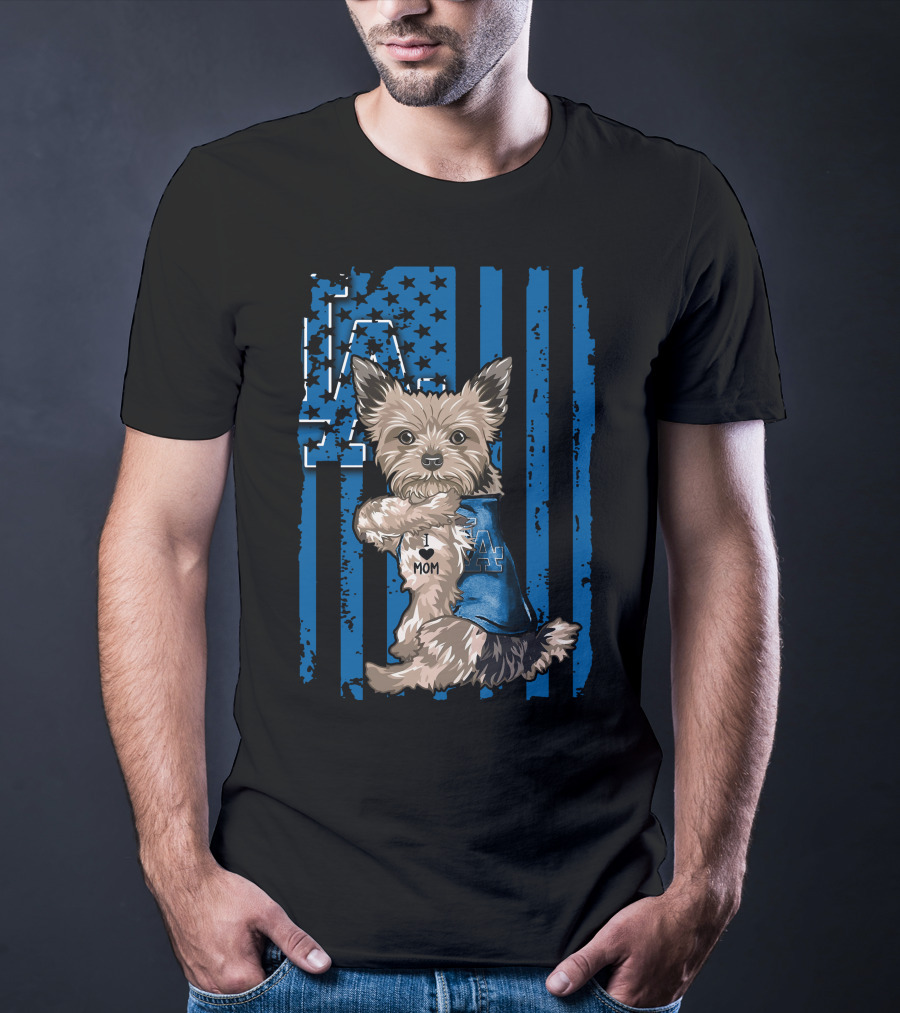 Yorkshire Terrier I Love Mom Los Angeles Dodgers Blue Stars Stripes T-Shirt