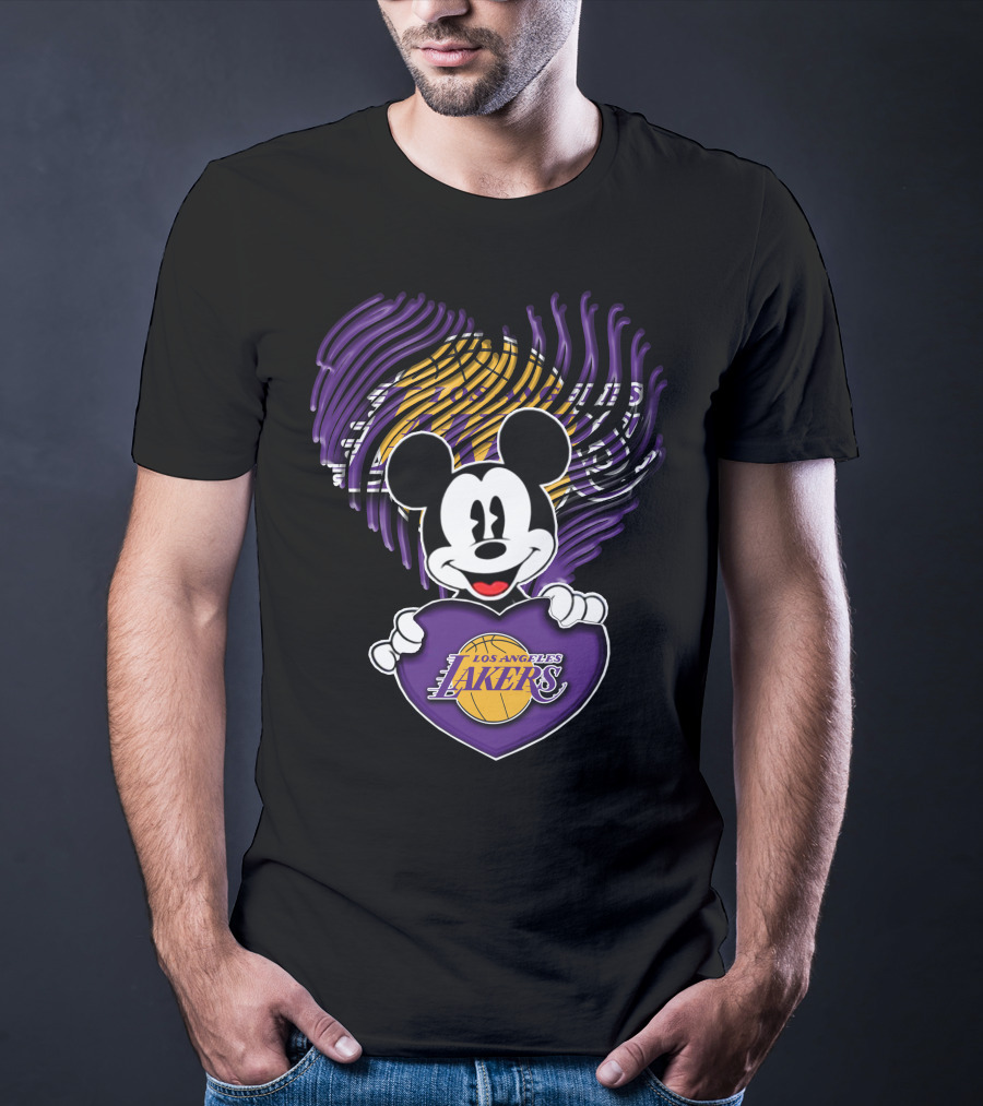 Mick Mouse Los Angeles Lakers Basketball Team Logo Handprint Heart T-Shirt