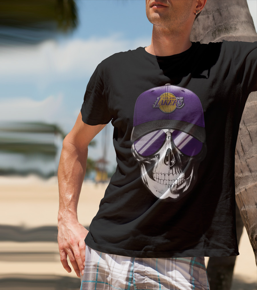 Los Angeles Lakers Skull With Purple Hat And Sunglasses T-Shirt