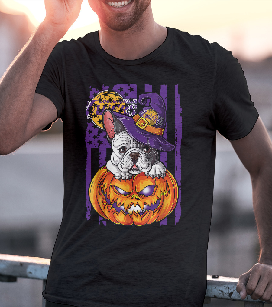 Hlw Bulldog Los Angeles Lakers Halloween Pumpkin Wizard Hat T-Shirt