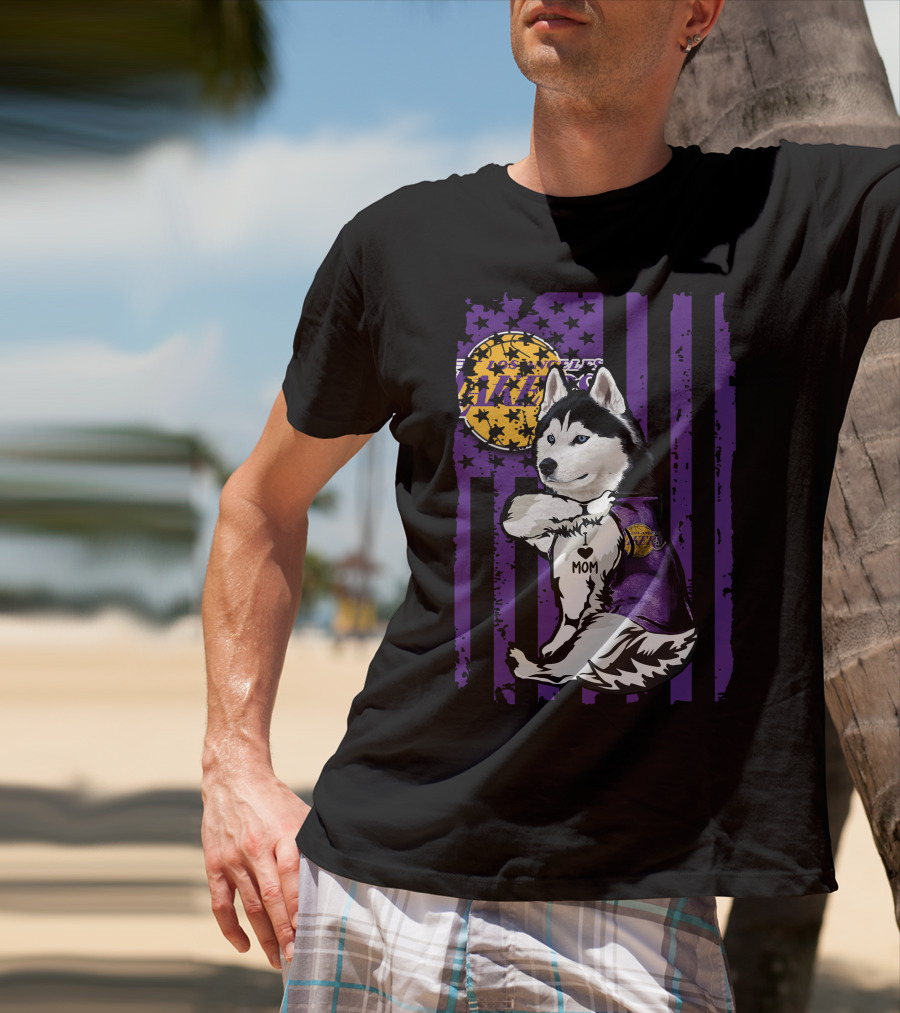 Siberian Husky Mom Los Angeles Lakers Fan With Purple American Flag Background T-Shirt