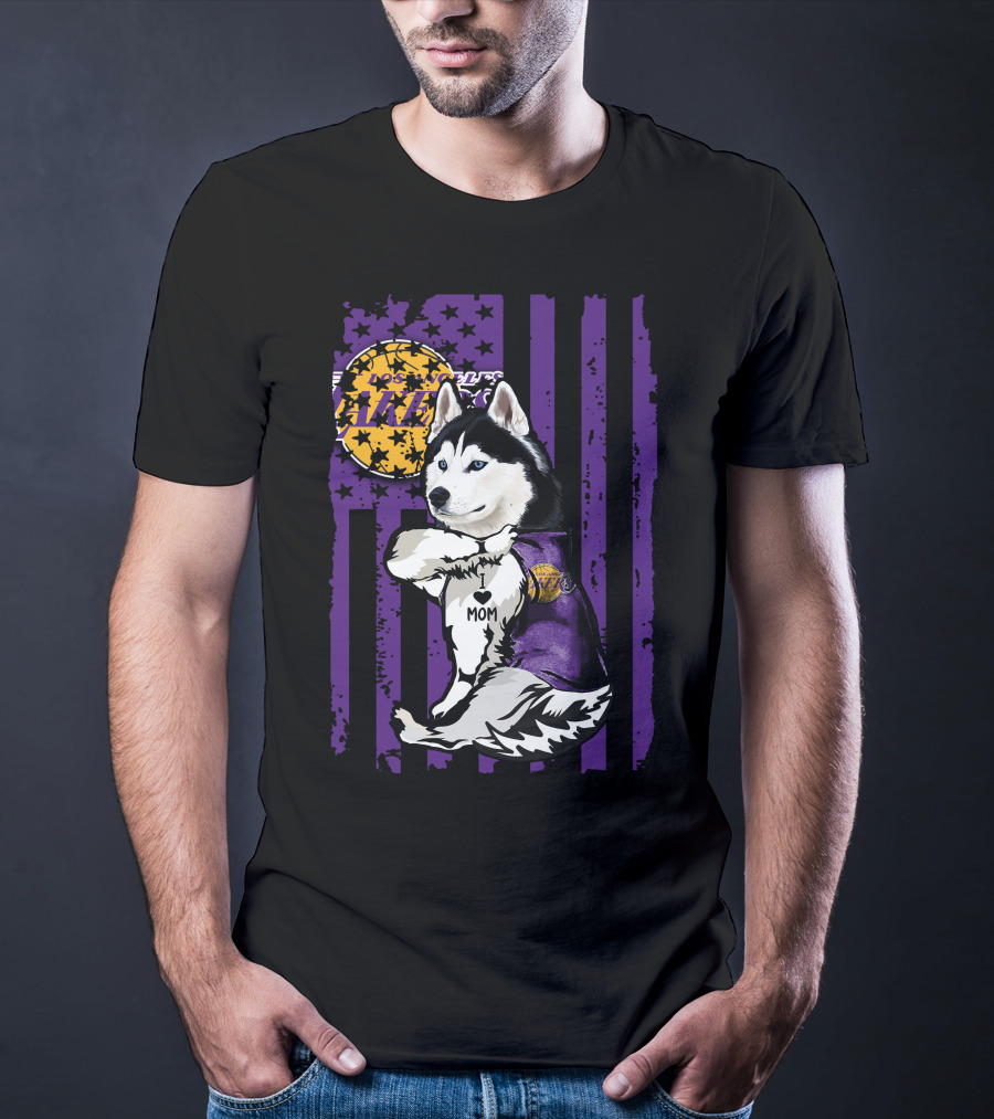 Siberian Husky Mom Los Angeles Lakers Fan With Purple American Flag Background T-Shirt