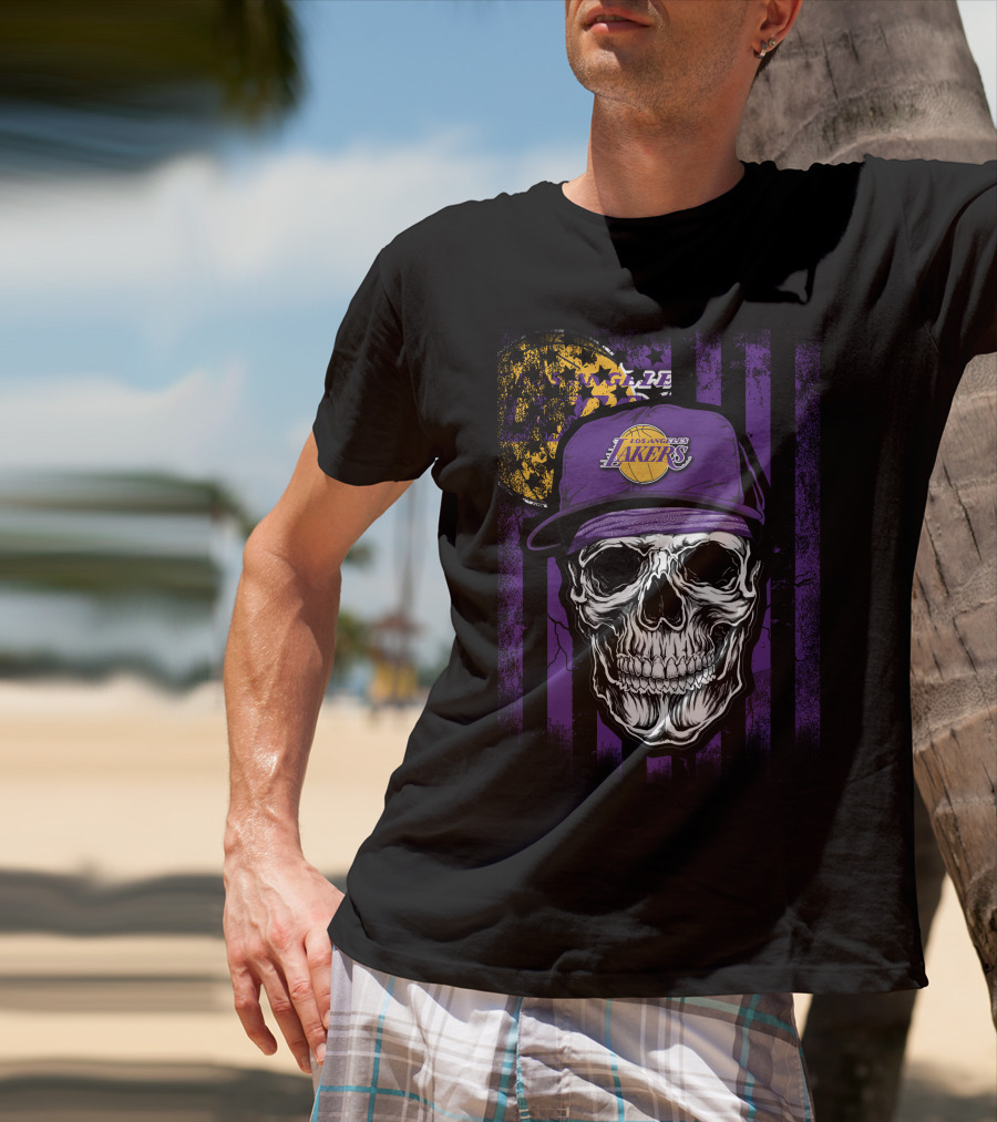 Los Angeles Lakers Skull Cap Bold Gothic T-Shirt