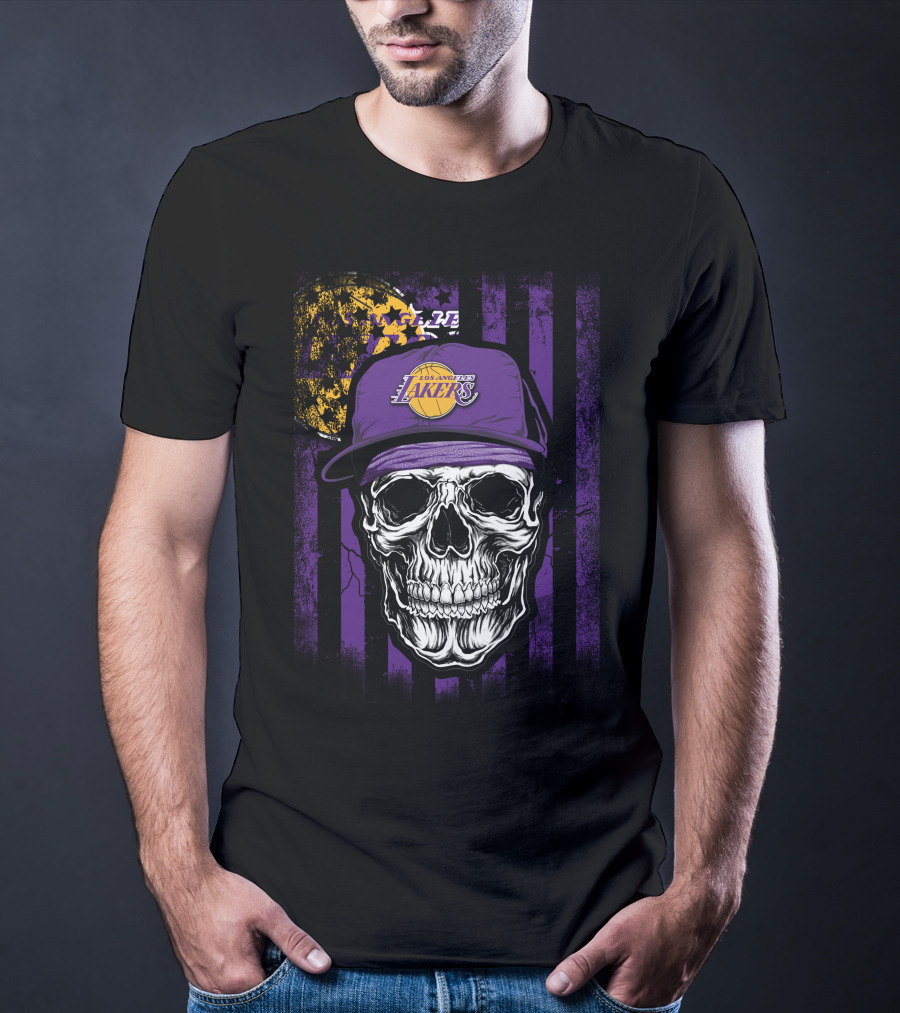 Los Angeles Lakers Skull Cap Bold Gothic T-Shirt