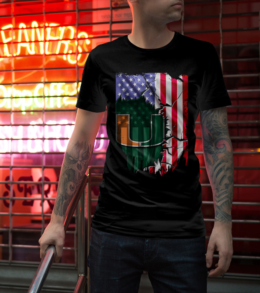 Flag Miami Hurricanes University U Patriotic USA Flag T-Shirt