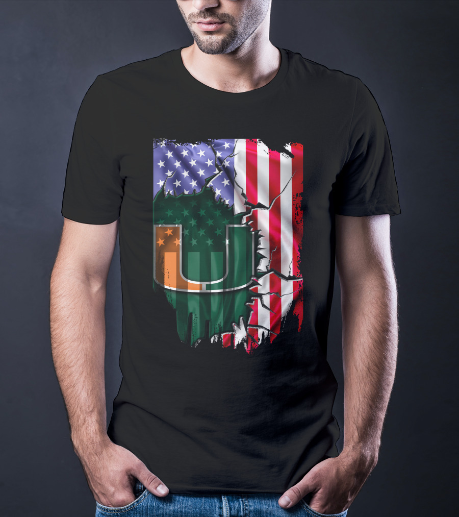 Flag Miami Hurricanes University U Patriotic USA Flag T-Shirt