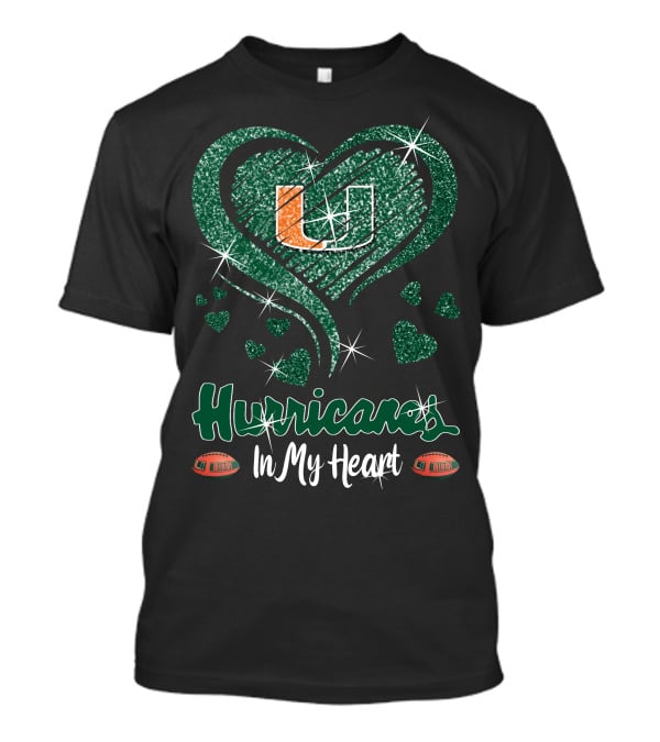 Hurricanes In My Heart Miami U Logo Football Sparkle Hearts T-Shirt