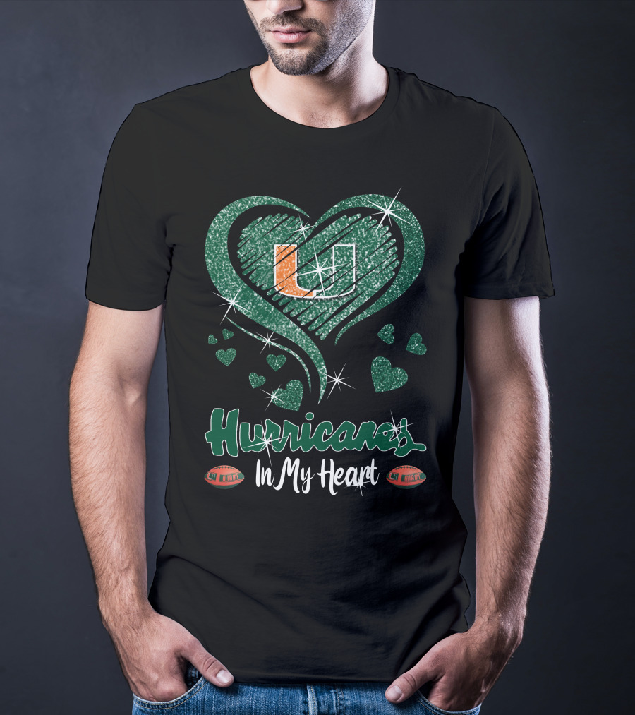 Hurricanes In My Heart Miami U Logo Football Sparkle Hearts T-Shirt
