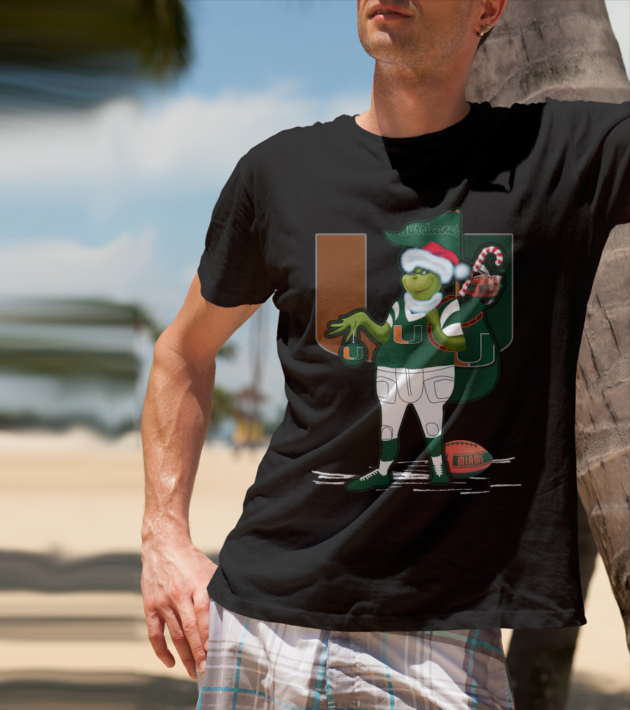 Grinchxmas Miami Hurricanes Festive Football Santa Grinch With Logo And Candy Cane Sack T-Shirt