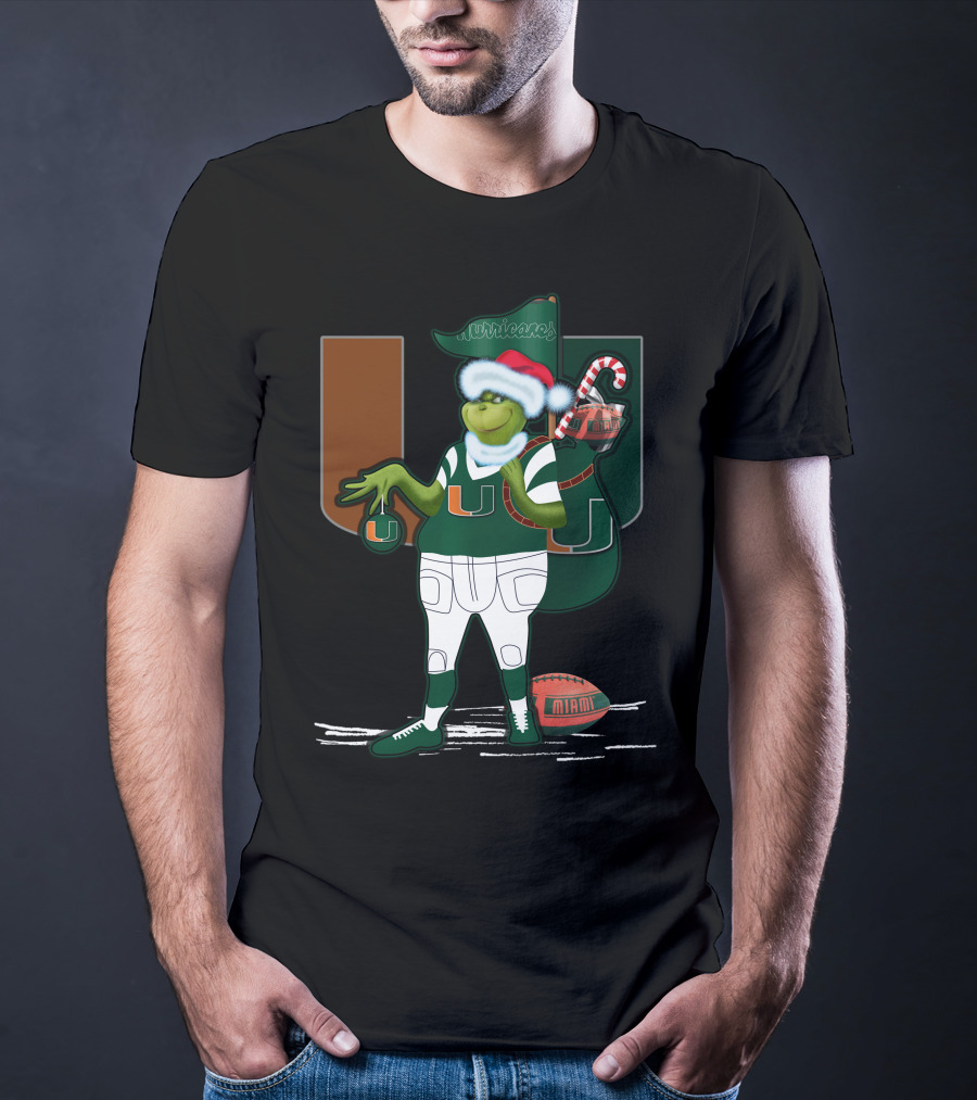 Grinchxmas Miami Hurricanes Festive Football Santa Grinch With Logo And Candy Cane Sack T-Shirt