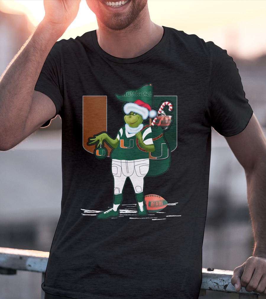 Grinchxmas Miami Hurricanes Festive Football Santa Grinch With Logo And Candy Cane Sack T-Shirt