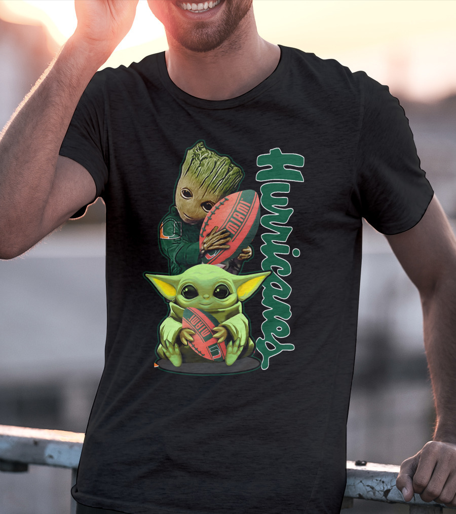 Grzd Miami Hurricanes Baby Yoda Groot Football T-Shirt