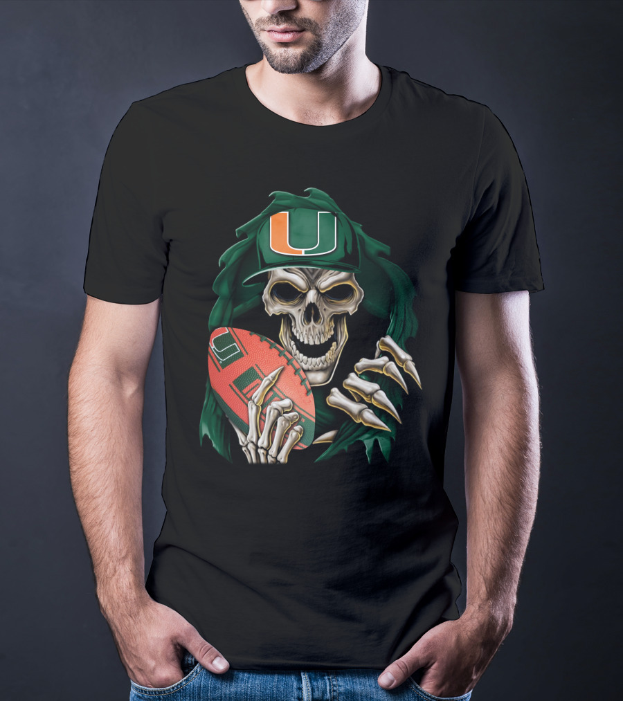 Skullbong Miami Hurricanes Skeleton Holding Football T-Shirt