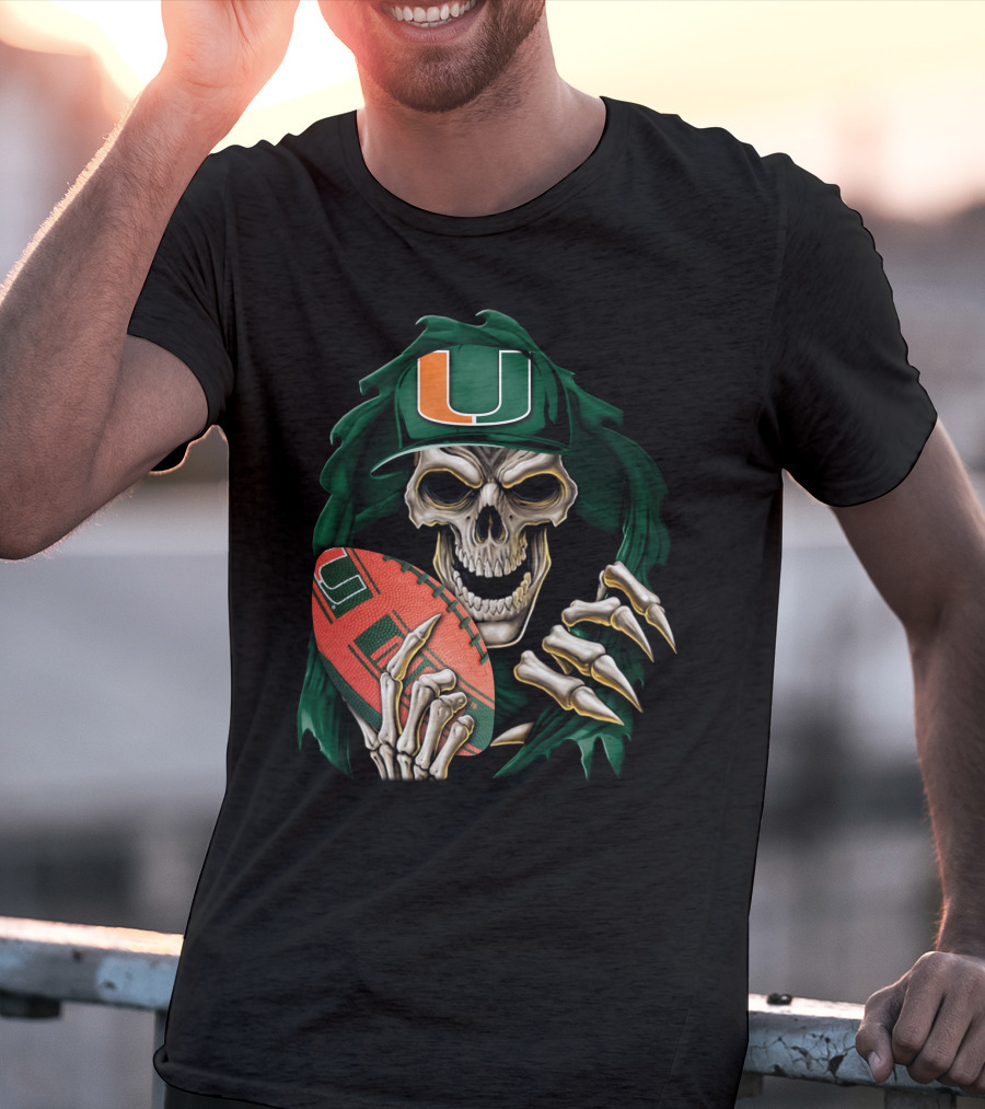 Skullbong Miami Hurricanes Skeleton Holding Football T-Shirt