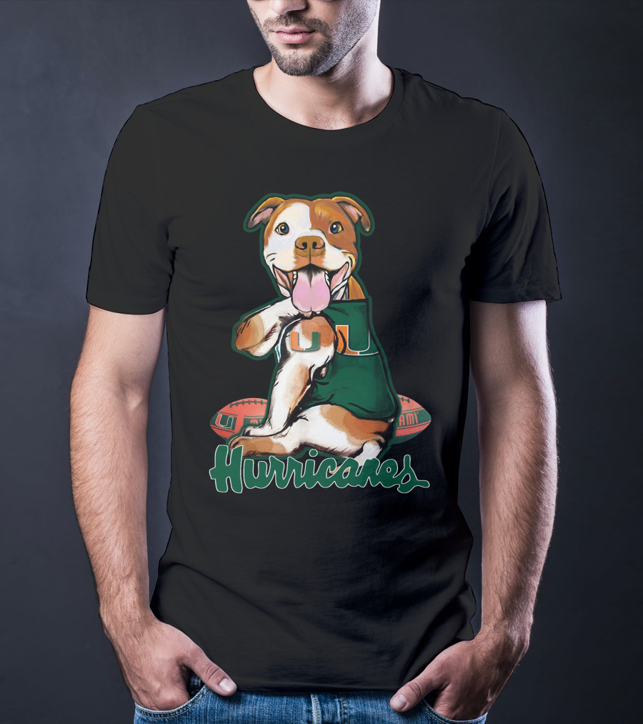 Pittbull Wearing Miami Hurricanes U Jersey With Football T-Shirt