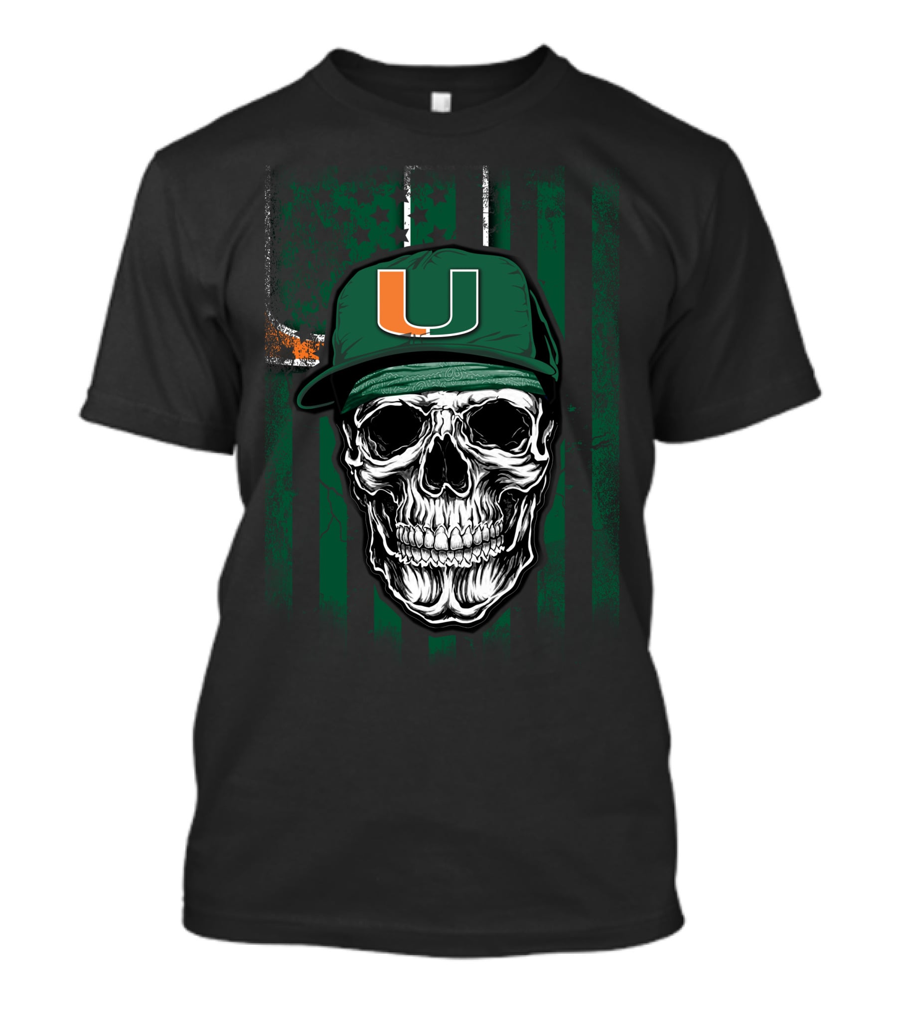 Skull Miami Hurricanes U Logo Cap With Green Stripes T-Shirt