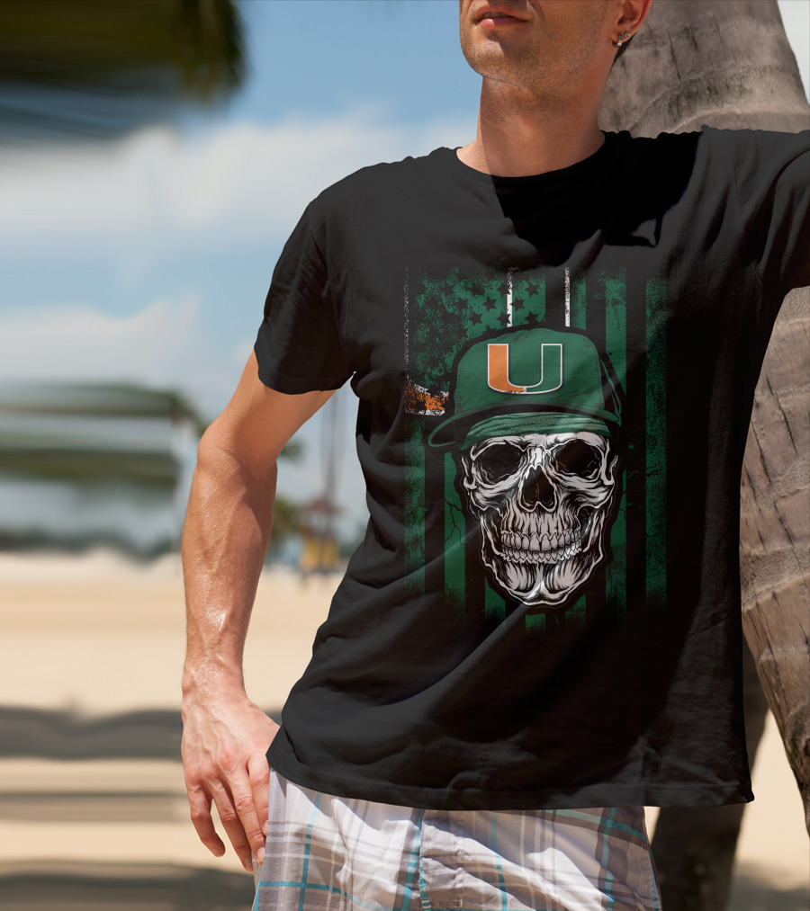 Skull Miami Hurricanes U Logo Cap With Green Stripes T-Shirt