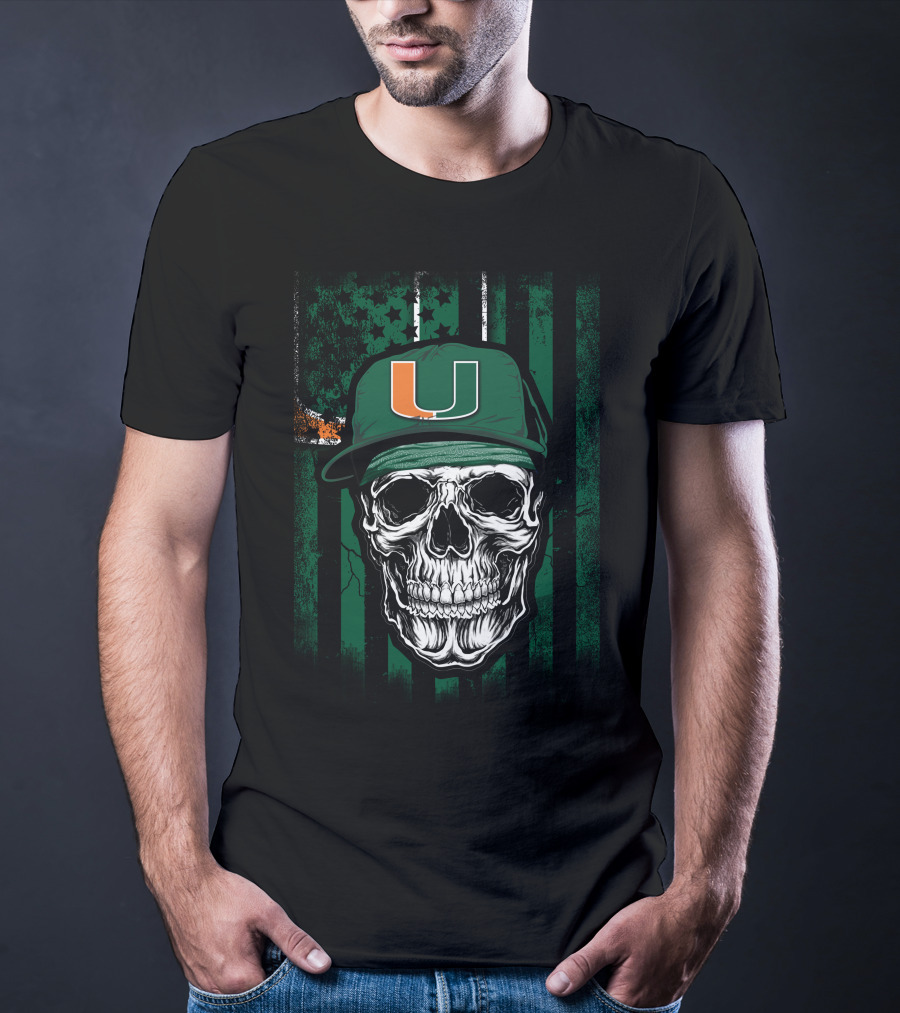 Skull Miami Hurricanes U Logo Cap With Green Stripes T-Shirt