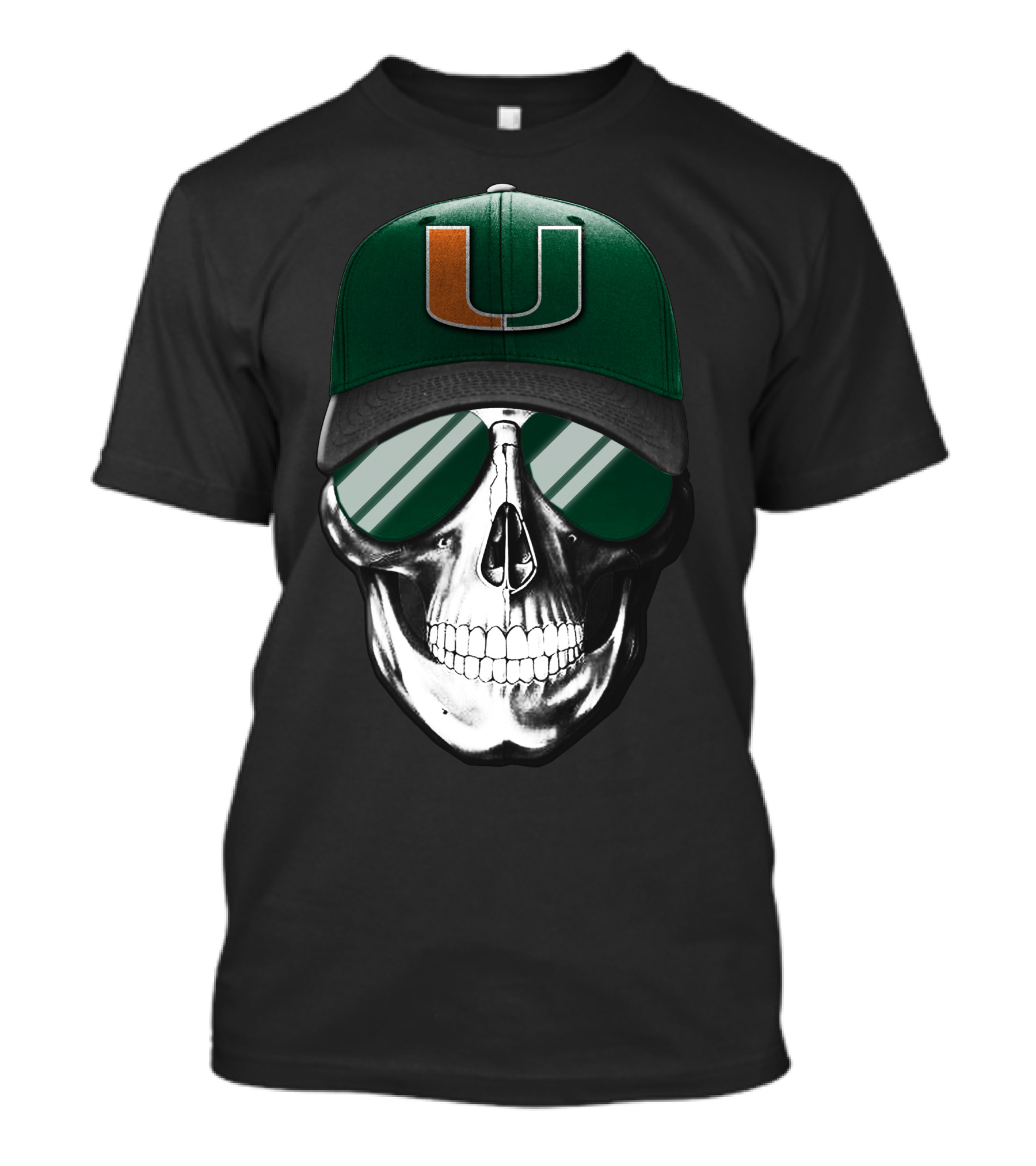 Miami Hurricanes Skull Cap With Reflective Sunglasses T-Shirt