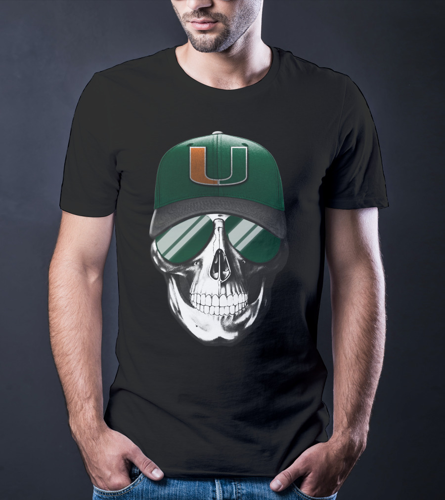 Miami Hurricanes Skull Cap With Reflective Sunglasses T-Shirt