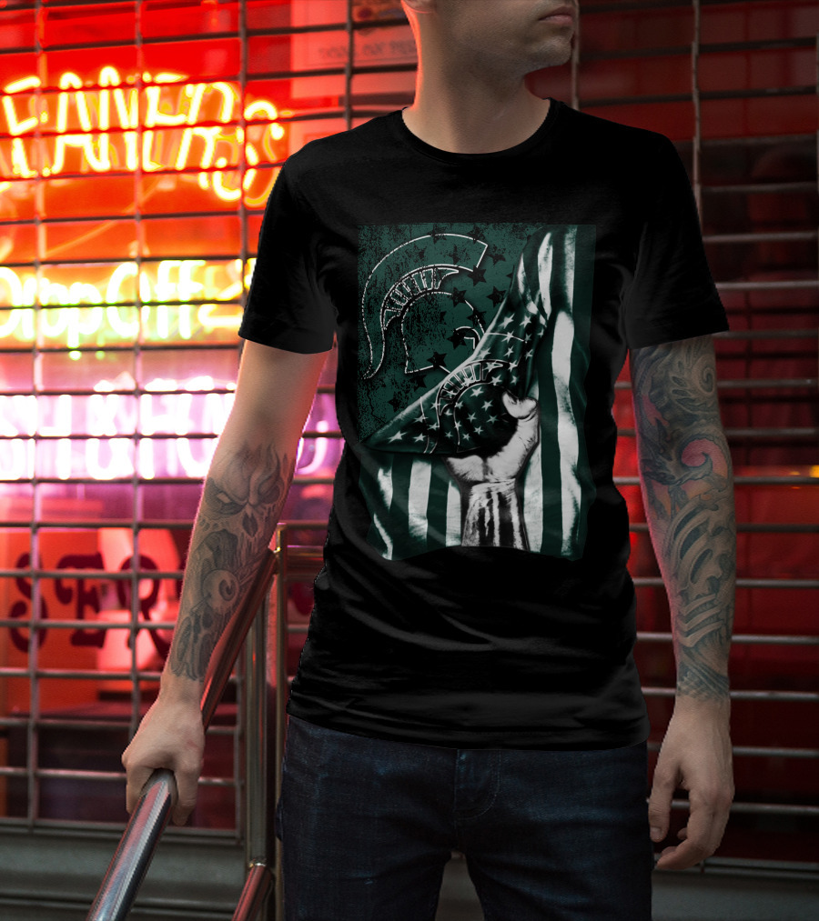 Michigan State Spartans Flag Spartan Helmet Stars Green White T-Shirt