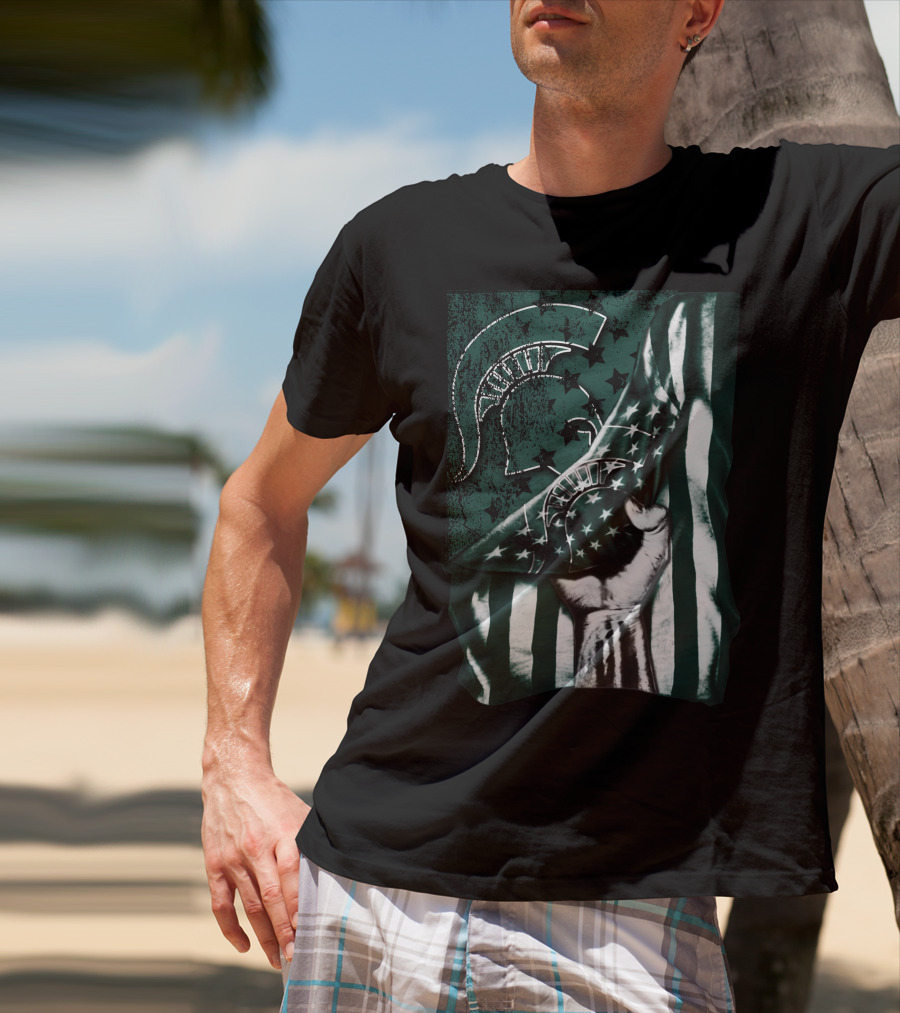Michigan State Spartans Flag Spartan Helmet Stars Green White T-Shirt