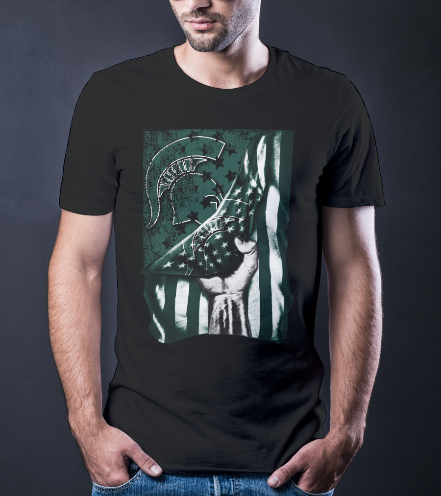 Michigan State Spartans Flag Spartan Helmet Stars Green White T-Shirt