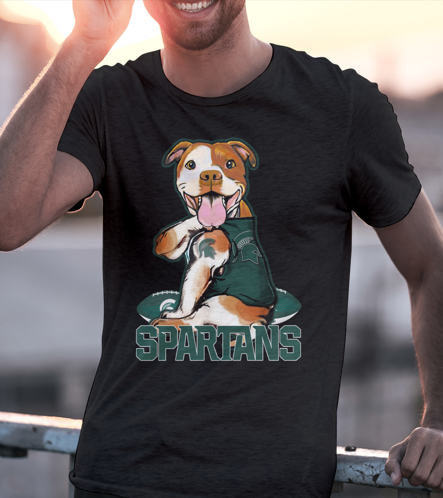 Spartans Pitbull Wearing Michigan State Logo With Football T-Shirt