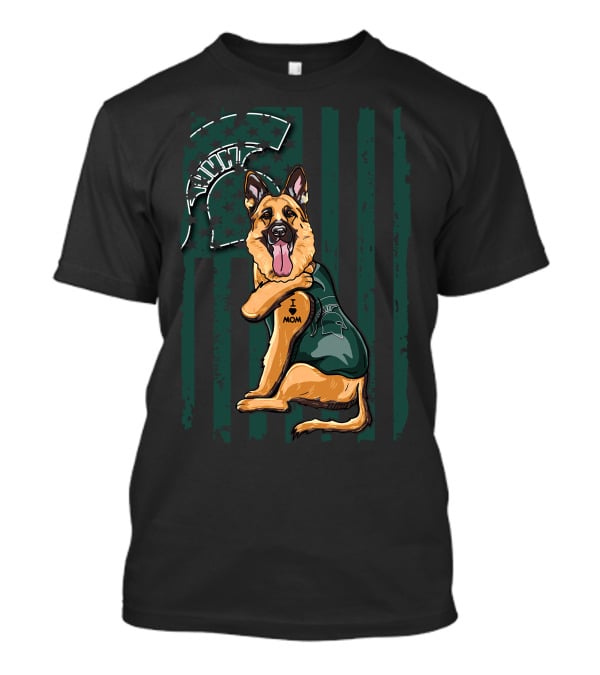German Shepherd I Love Mom Michigan State Spartans Green And White Stripes T-Shirt