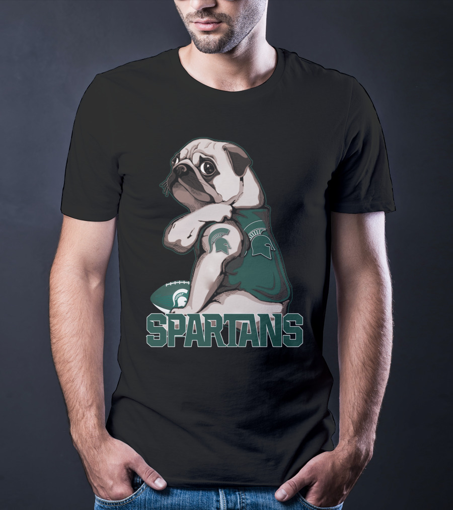 Pug Michigan State Spartans Football Fan With Spartan Helmet T-Shirt