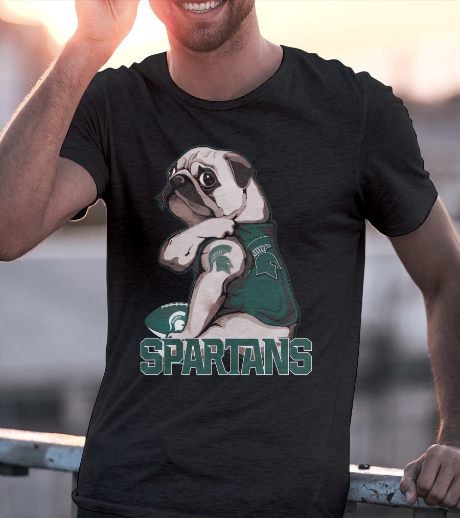 Pug Michigan State Spartans Football Fan With Spartan Helmet T-Shirt