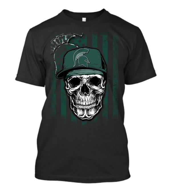 Skull Wearing Michigan State Spartans Cap On Green Stripes With Faded Text T-Shirt