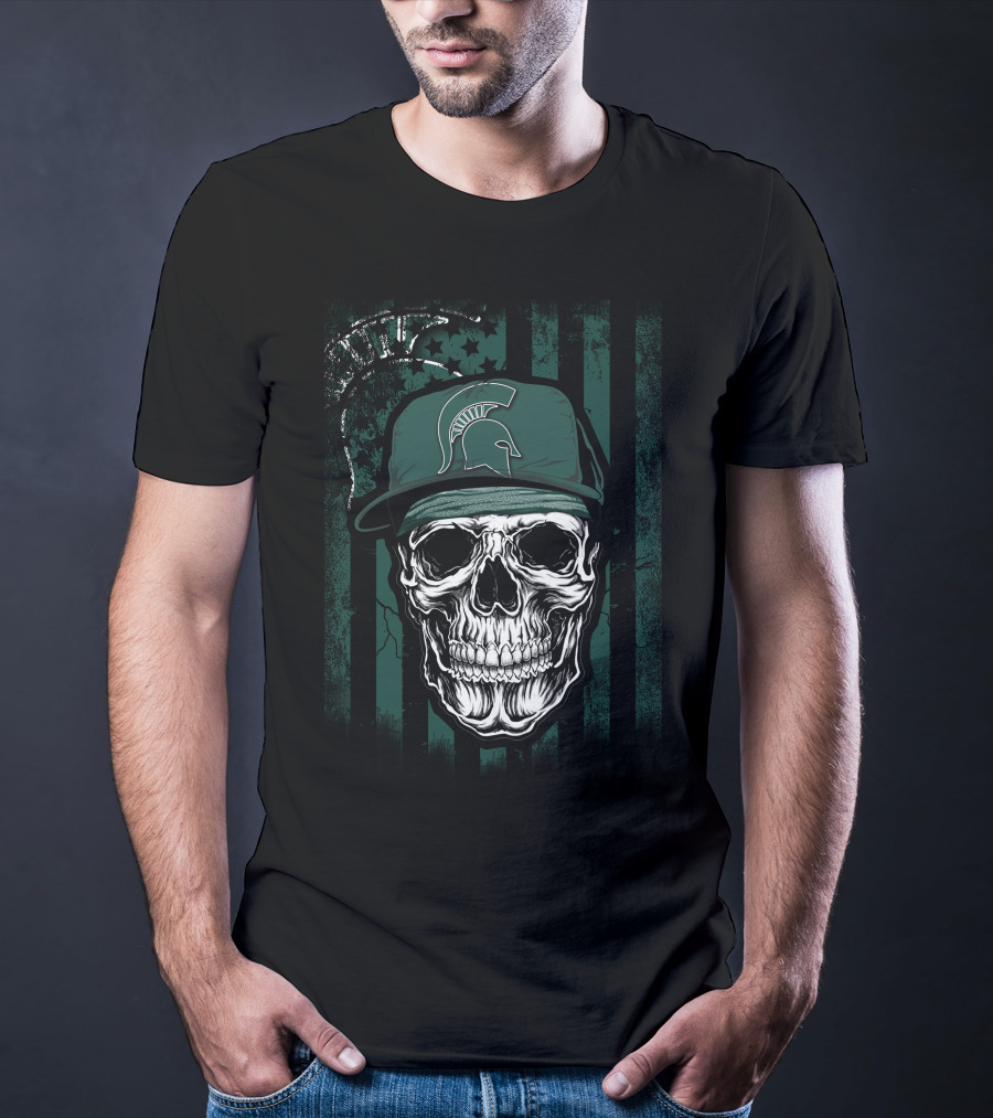 Skull Wearing Michigan State Spartans Cap On Green Stripes With Faded Text T-Shirt