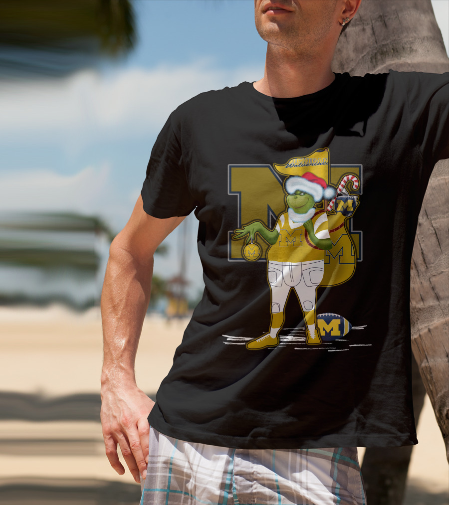 Grinchxmas Michigan Wolverines Santa Hat Football Candy Cane T-Shirt