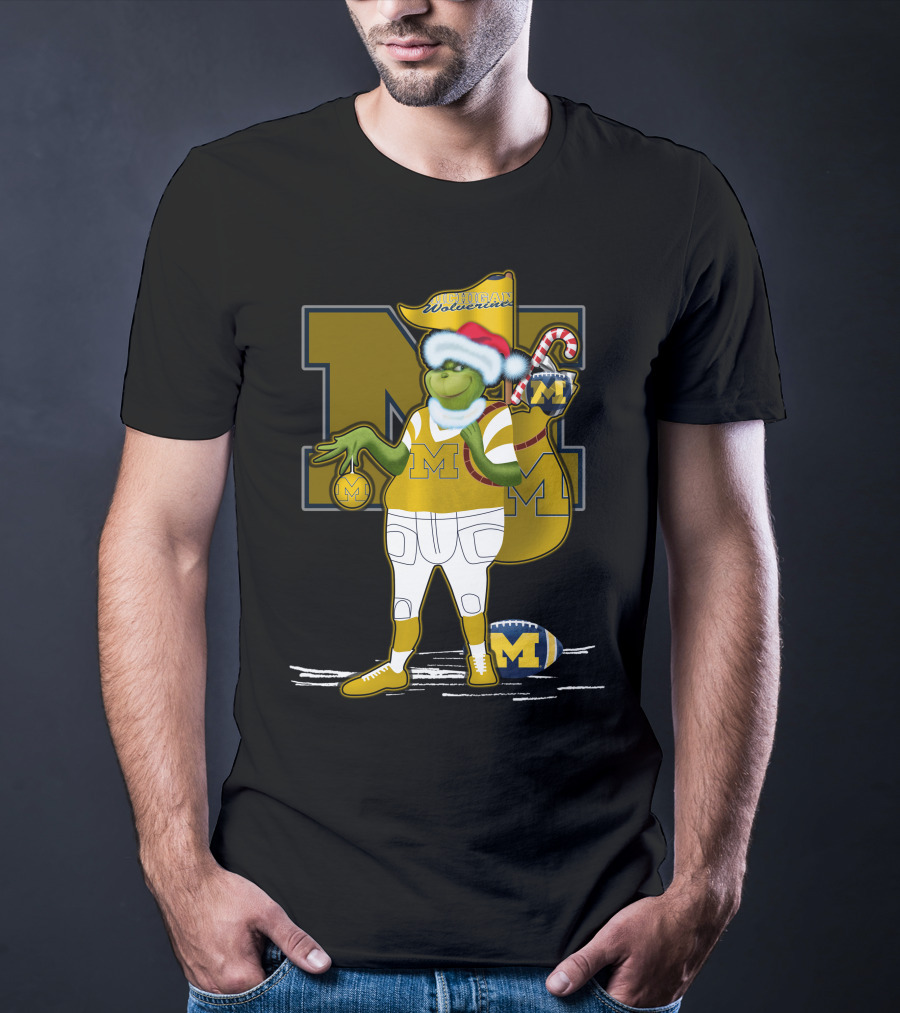 Grinchxmas Michigan Wolverines Santa Hat Football Candy Cane T-Shirt