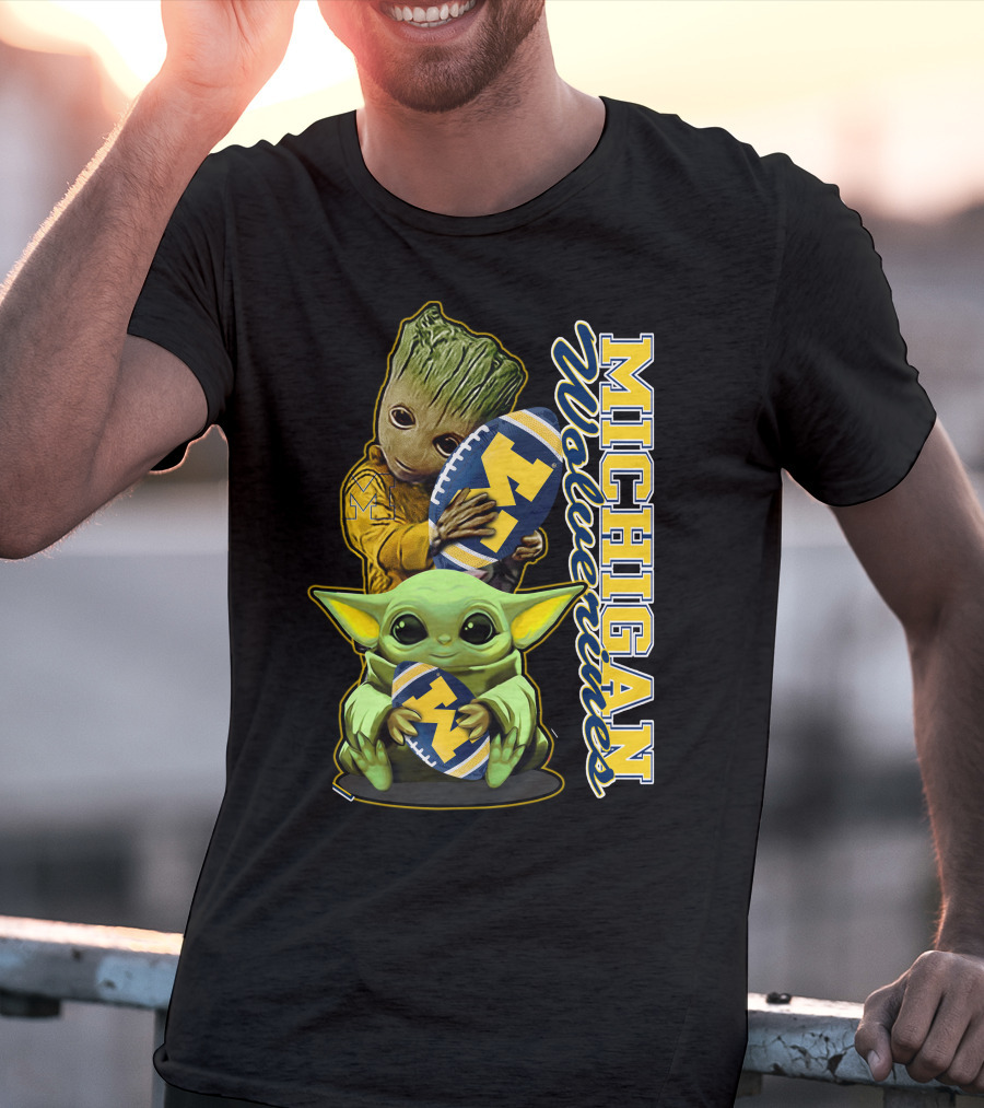 Michigan Wolverines Grogu And Groot Football T-Shirt