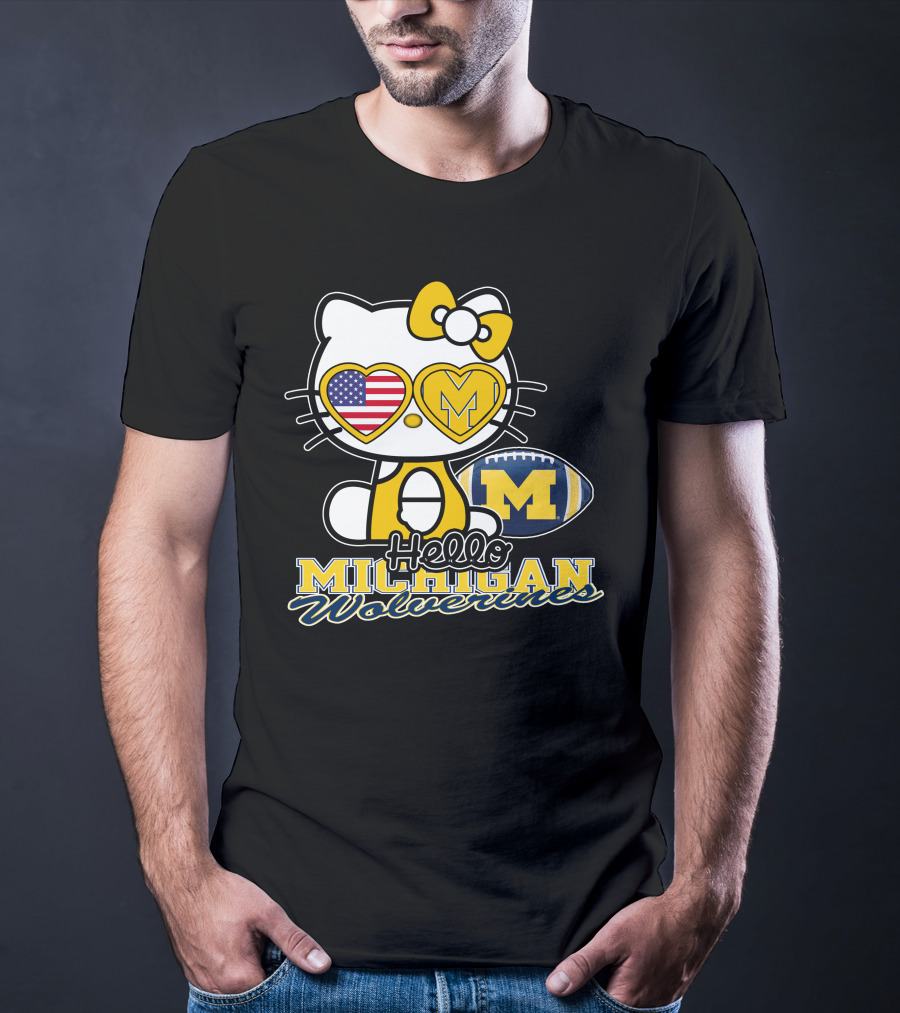 Hello Kitty Michigan Wolverines American Flag Football T-Shirt