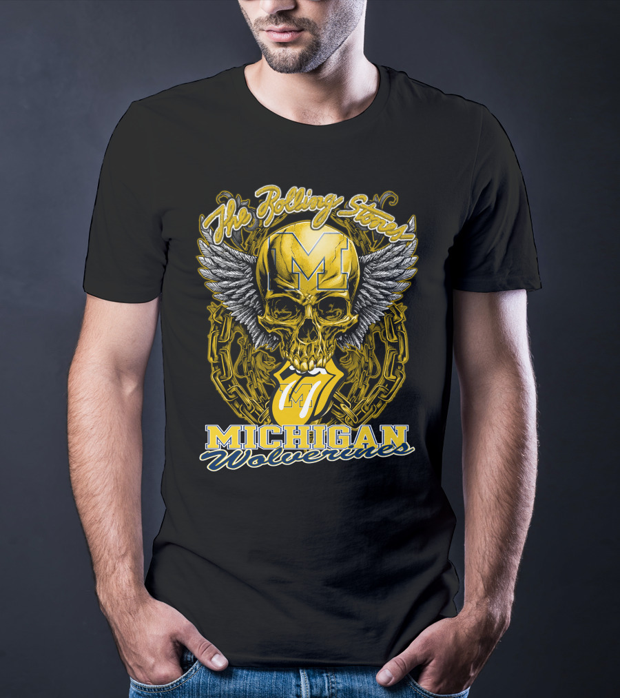 The Rolling Stones Michigan Wolverines Skull With Winged Helmet And Classic Tongue T-Shirt
