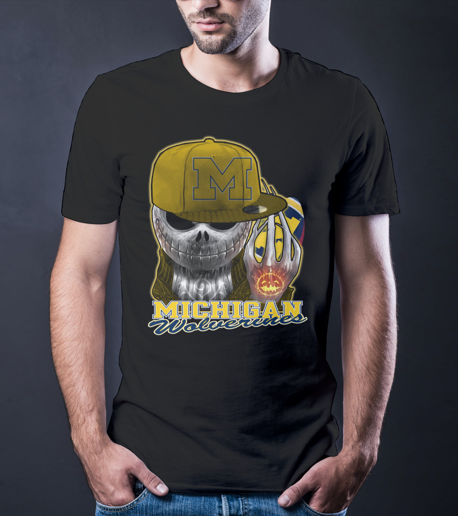 Jackskull Michigan Wolverines Halloween Skull With Wolverine Colors And Cap T-Shirt