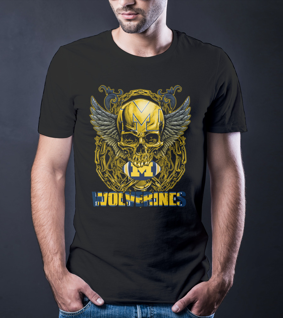 Skullfb Wolverines M Winged Skull And Football Michigan T-Shirt