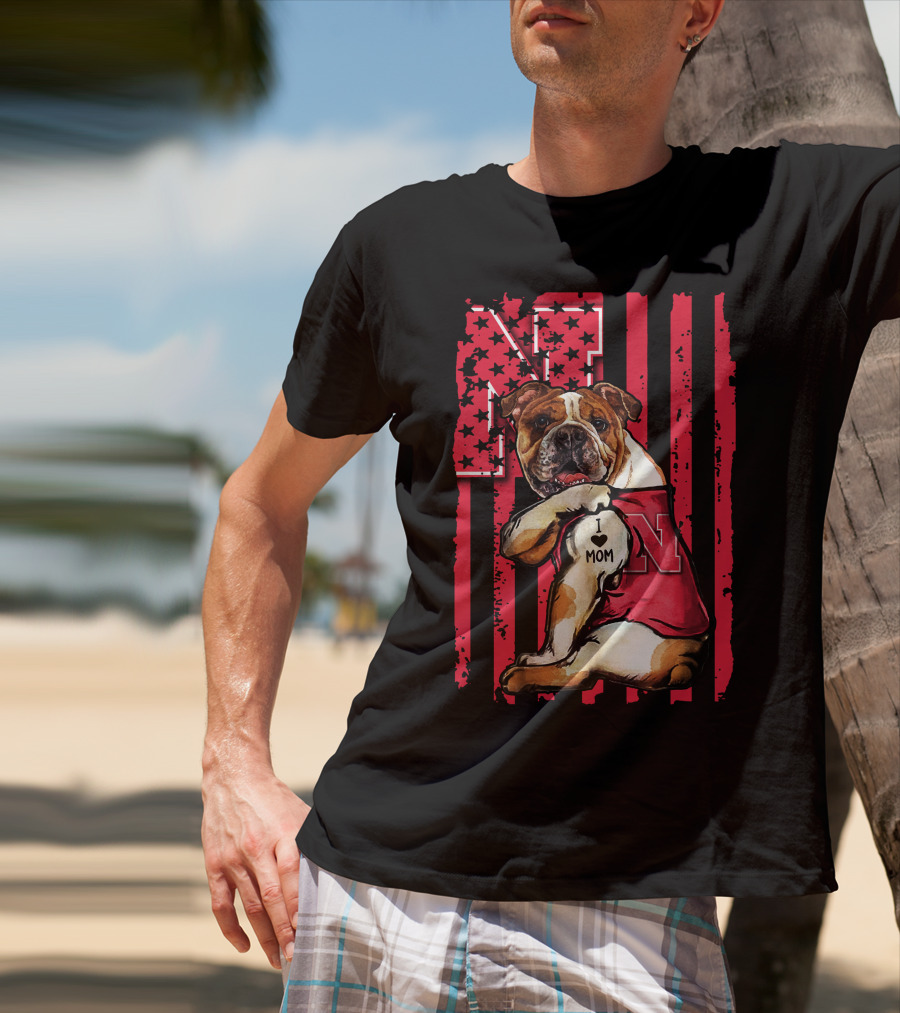 Bulldog I Love Mom Nebraska Cornhuskers N Flag Stars T-Shirt
