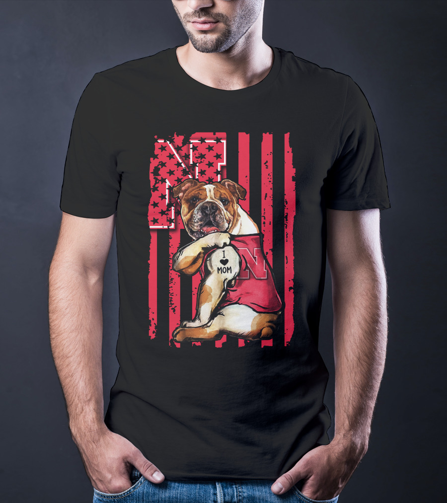 Bulldog I Love Mom Nebraska Cornhuskers N Flag Stars T-Shirt